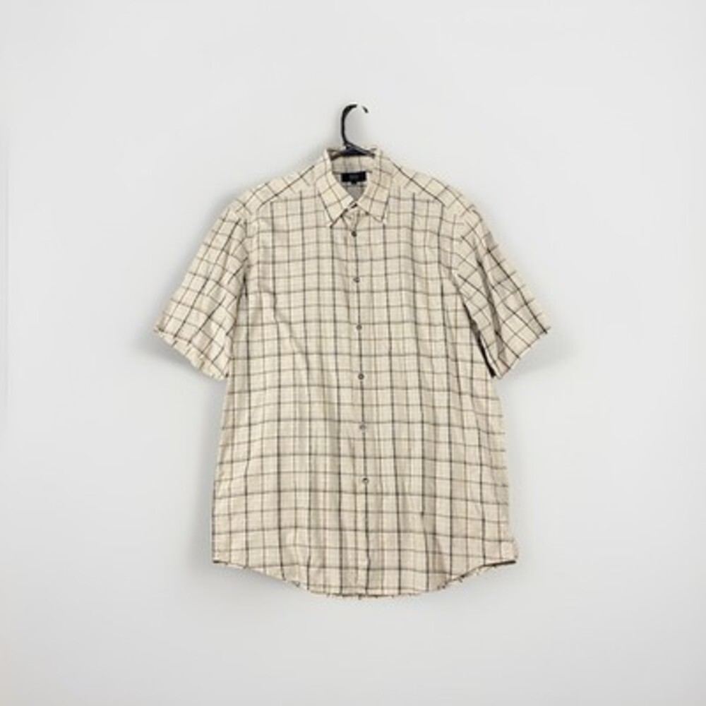 Zanella Mens Designer Button Up Shirt L Short Sleeve‎ Plaid Tan Italy